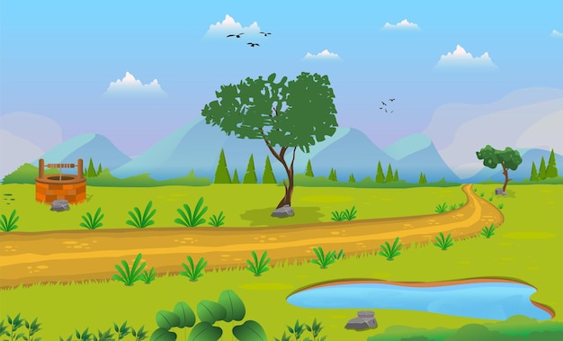 Vector illustration of a beautiful natural landscape cartoon background with lake trees