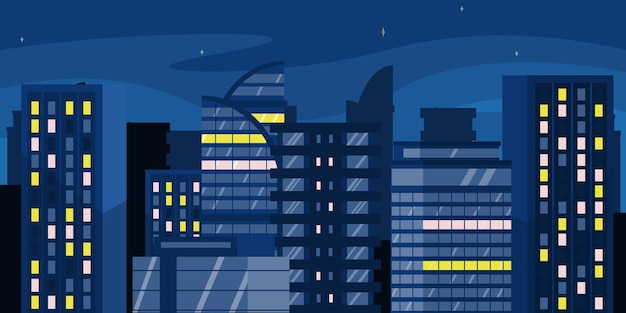 Векторная иллюстрация красивой ночи современного футуристического города Ночной пейзаж мультфильма города с жилыми и офисными минималистскими зданиями и огнями в окнах и звездах
