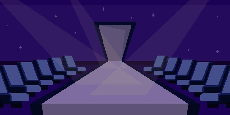 Vector vector illustration of a beautiful podium stage interior cartoon dark empty room with catwalk for display models audience seats stars spotlights star glamorous shows festive ceremonies