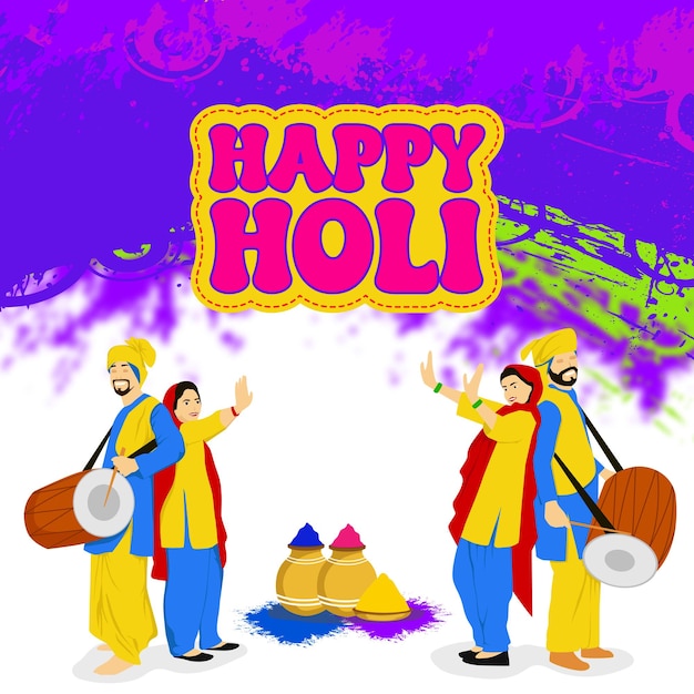 Vettore illustrazione vettoriale di un bellissimo poster per la festa indiana happy holi con sfondo di danza della coppia