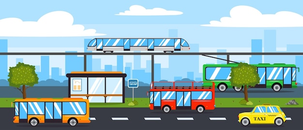 Векторная иллюстрация красивый общественный транспорт Мультяшный городской транспорт движется по дороге автобус троллейбус трамвай такси метро и город на заднем плане