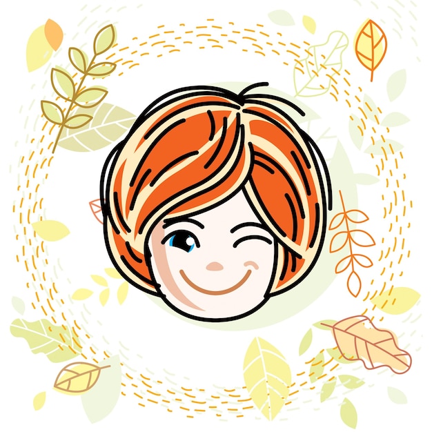 Vector illustration of beautiful red-haired happy girl face, positive face features, teenager winking. Autumn theme clipart.