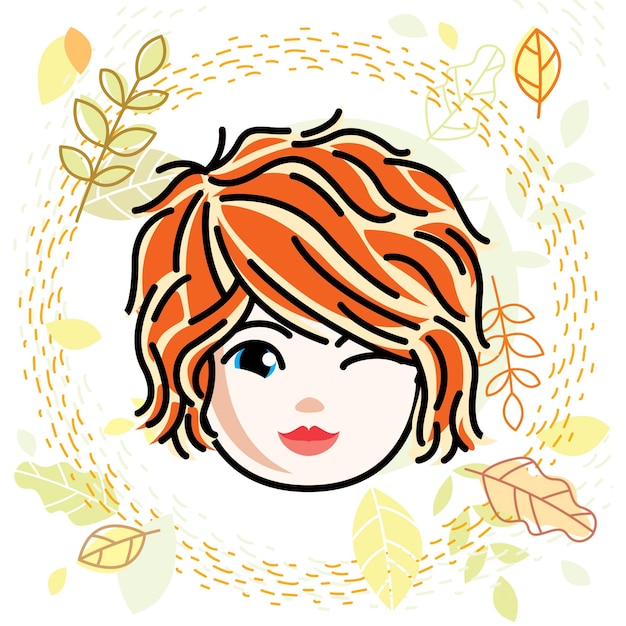 Vector illustration of beautiful red-haired happy girl face, positive face features, teenager winking. Autumn theme clipart.