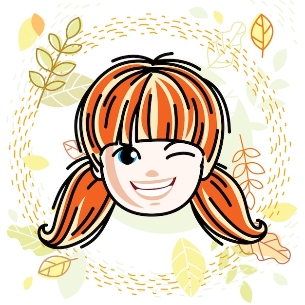 Vector vector illustration of beautiful red-haired happy girl face, positive face features, teenager winking. autumn theme clipart.