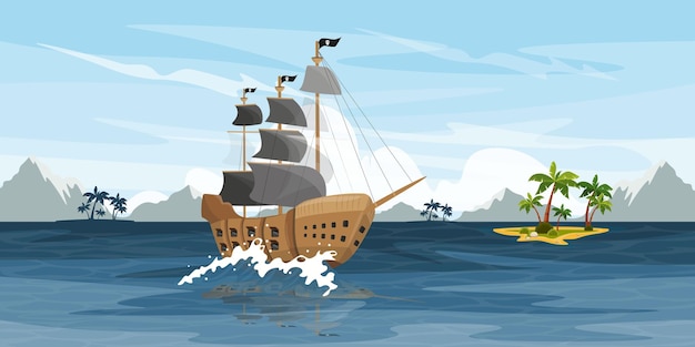 Illustrazione vettoriale di un bellissimo paesaggio marino con una nave pirata un paesaggio marittimo di cartoni animati con montagne silhouette di palme un'isola e una nave piratica con una bandiera sulla cresta di un'onda