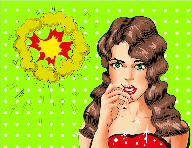 Vector vector illustration of beautiful sexy brunette woman pretty pinup girl with green eyes in pop art retro comic style