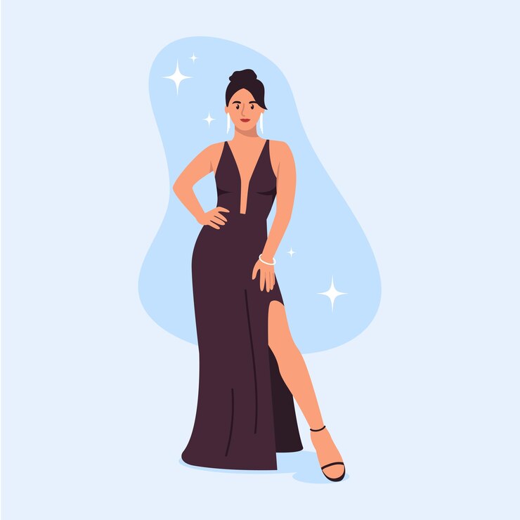 Vector vector illustration of a beautiful star girl cartoon scene of a girl dressed in an evening dress with a neckline a cut on the leg heels a high hairstyle and jewelry isolated on a blue background