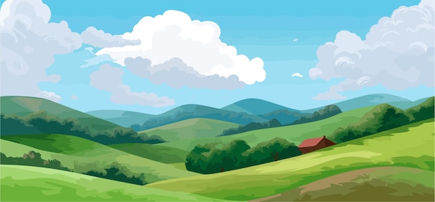 Vettore vector l'illustrazione del paesaggio dei campi di bella estate con un fondo del paese del cielo blu di colore luminoso delle colline verdi di alba nell'insegna piana di stile del fumetto