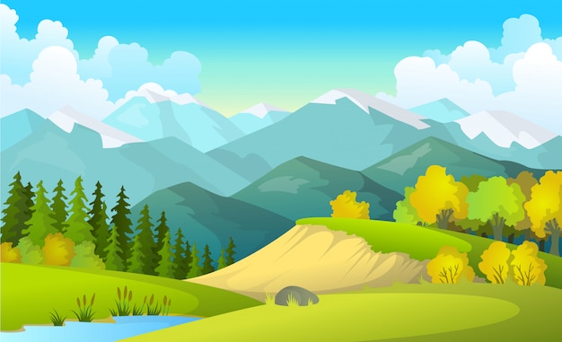 Vector illustration of beautiful summer fields landscape with a dawn, green hills, bright color blue sky