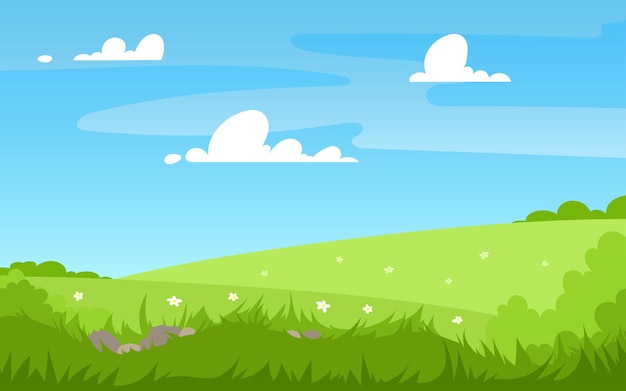 Vector illustration of beautiful summer landscape fields, flowers, trees green hills, blue sky