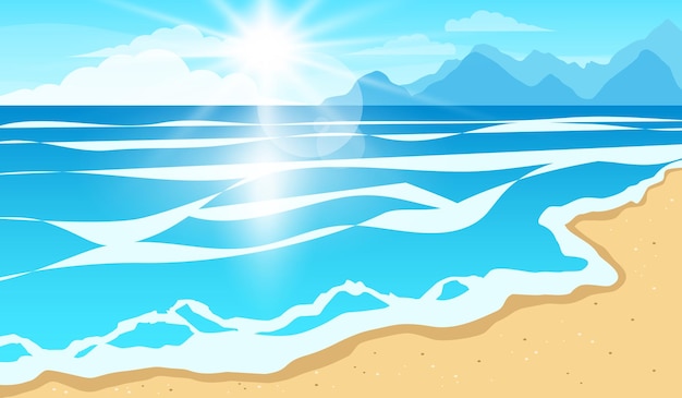 Vector vector illustration of a beautiful summer landscape of sandy beach by the sea with bright sun rays