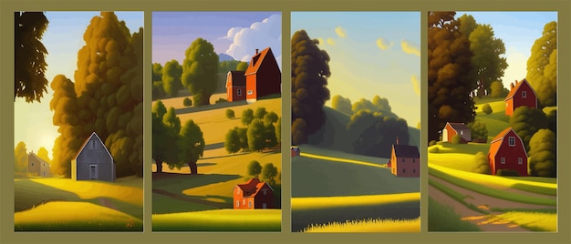 Vector illustration beautiful summer landscape with house and trees and green meadows fabulous