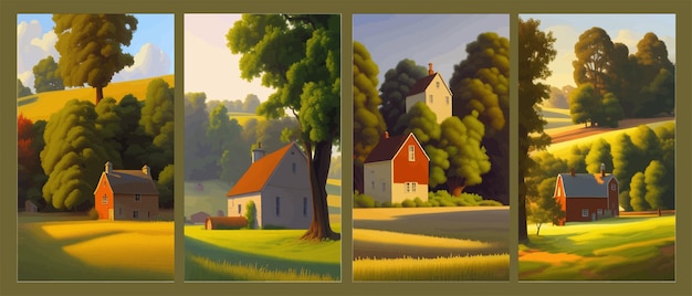 Vector illustration beautiful summer landscape with house and trees and green meadows fabulous