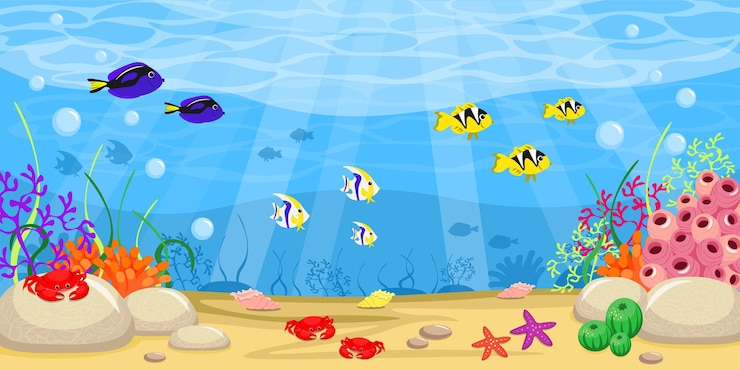 Vector vector illustration a beautiful summer seabed cartoon sea landscape with fishes crabs corals algae starfish shells