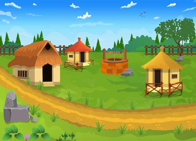 Vector illustration of beautiful village cartoon background of green meadows and surrounded by trees