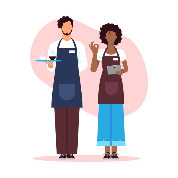 Vector vector illustration of beautiful waiters cartoon scene with man and girl waiters who meet visitors to a cafe with cup of coffee