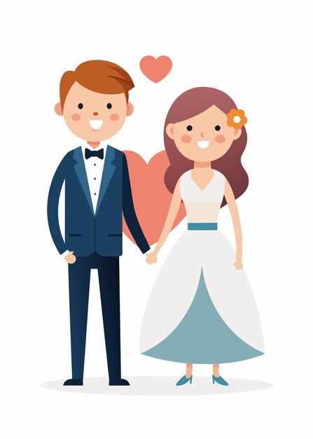 Vector vector illustration of beautiful wedding cartoon couple bride and groom at wedding invitation card