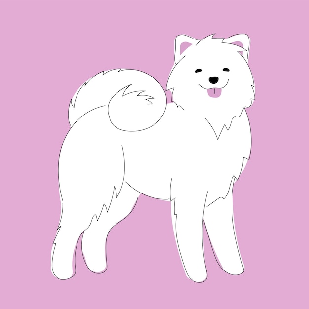 ピンクの背景にかわいい口輪と美しい白いふわふわサモエド犬のベクトルイラスト