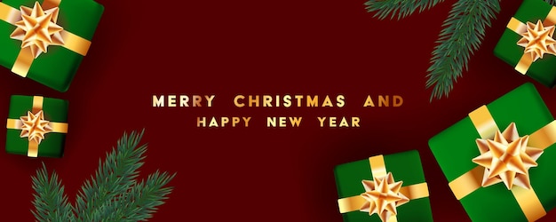 Векторная иллюстрация красивого зимнего фона с различными подарками Рождественская елка и счастливого Рождества и счастливого нового года текст Зимние праздники лук Санта подарок праздновать концепцию