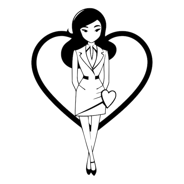 Vector vector illustration of a beautiful woman in a business suit with a red heart