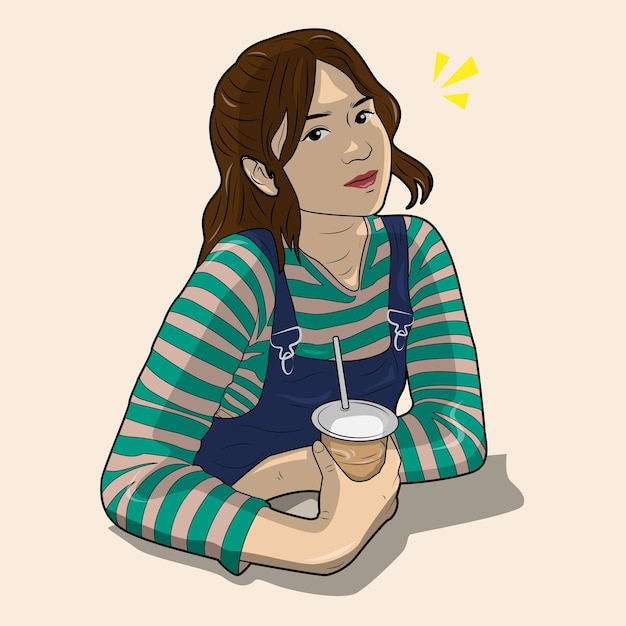 vector illustration of beautiful woman holding a glass of coffee drink