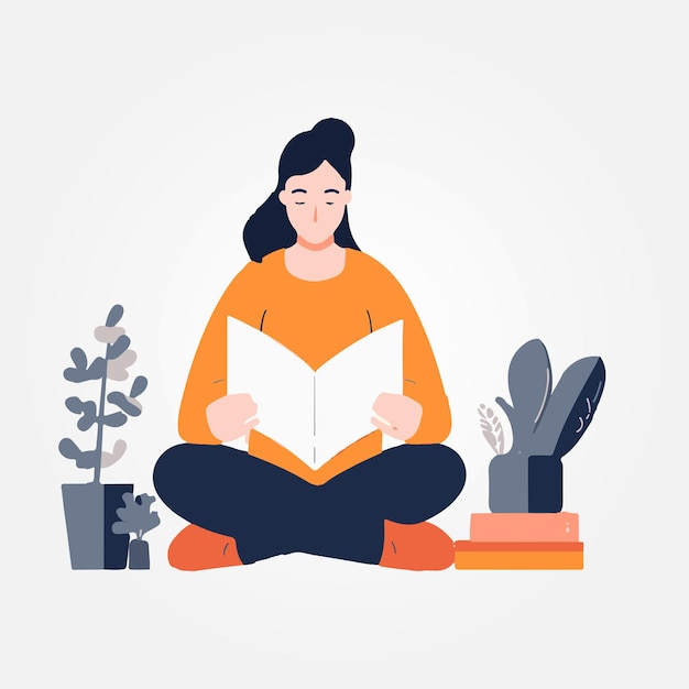 Vector illustration beautiful woman sitting studying book