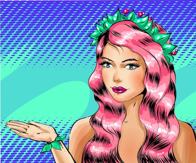 Vettore illustrazione vettoriale di una bella donna con una corona di foglie e un polsino sexy romantic pinup girl con i capelli rosa in stile comico retro pop art