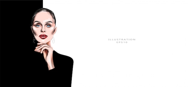 Vector vector illustration. beautiful young lady in black clothes. bright makeup. fashionable illustration.