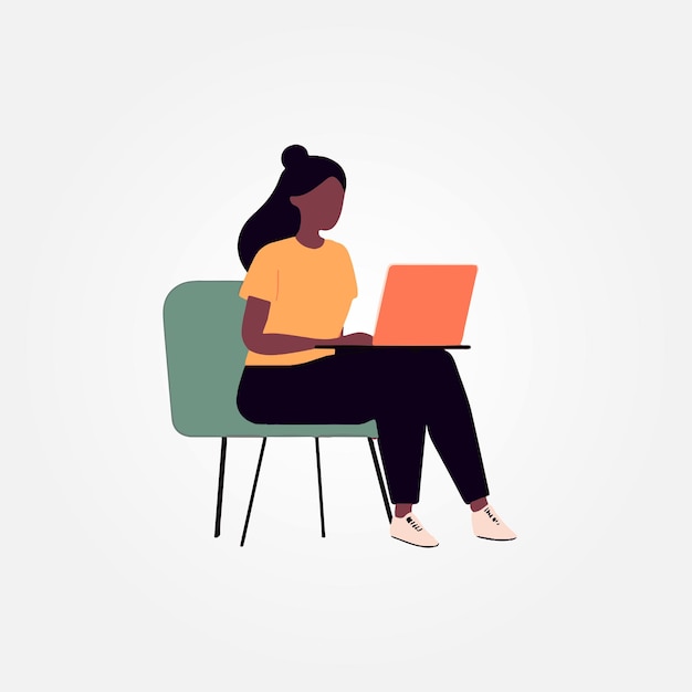 vector illustration beautiful young lady sitting working on laptop