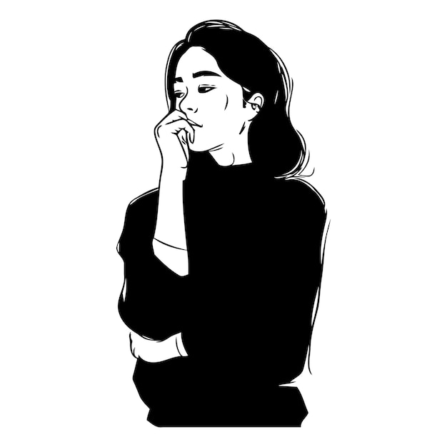 Vector illustration of a beautiful young woman in a red sweater thinking