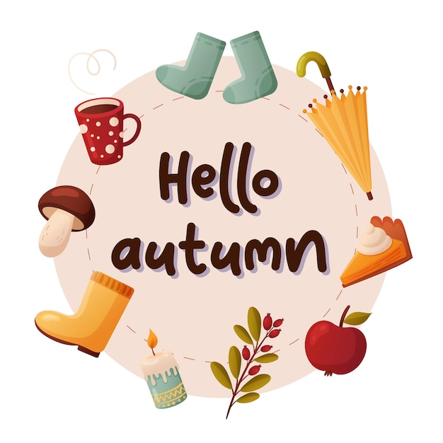 A vector illustration for the beginning of autumn. Includes different cozy and cute things.