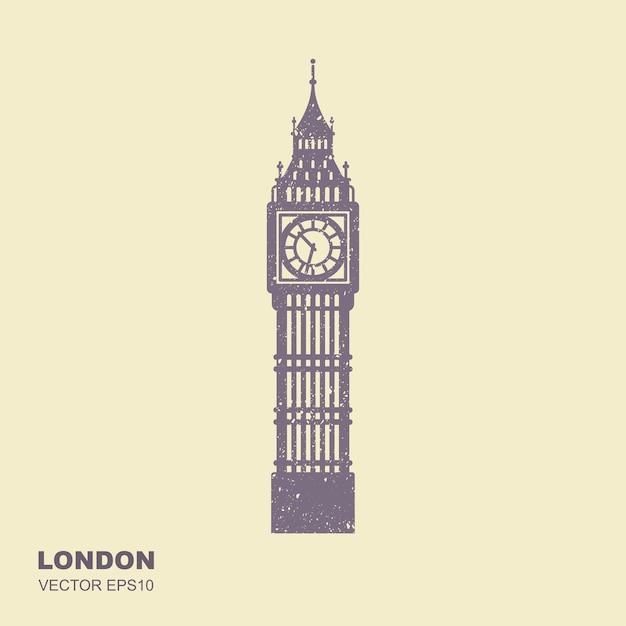 Illustrazione vettoriale dell'icona piatta della torre del big ben con effetto scrostato