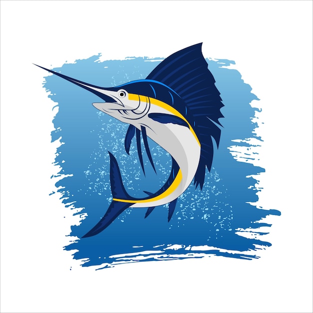 Vettore illustrazione vettoriale di un grande pesce marlin azzurro in acqua, utilizzato per l'attività di pesca