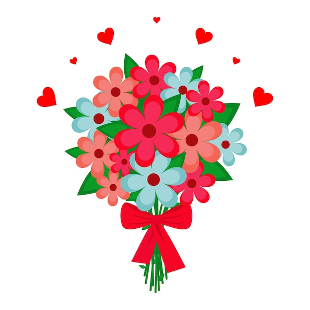 Vector illustration big bouquet of flowers with a bow hearts