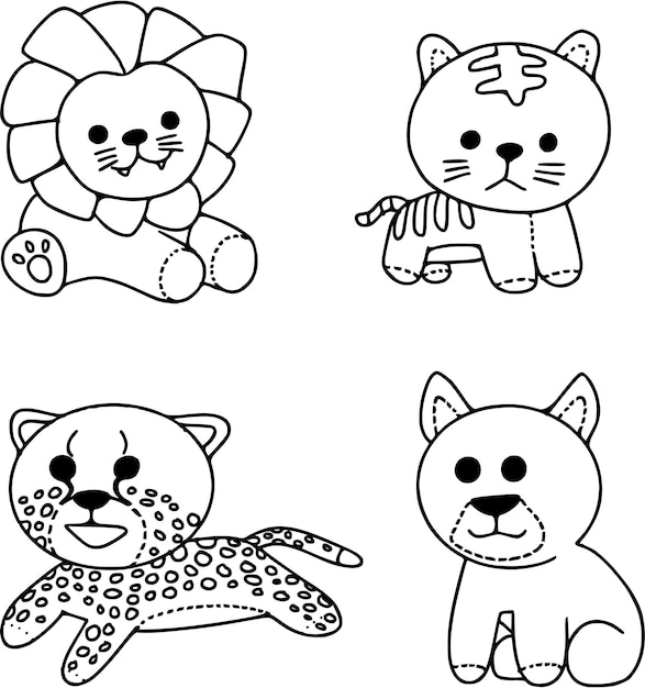 Vector vector illustration of big cat dolls outline drawing of cute animal apex predator in jungle wild