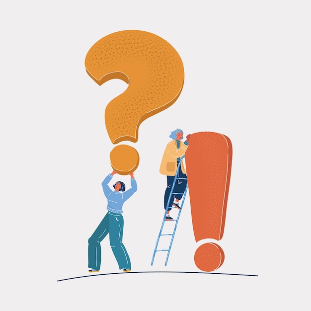 Vector illustration of big giant question and exclamation mark signs and two tiny woman