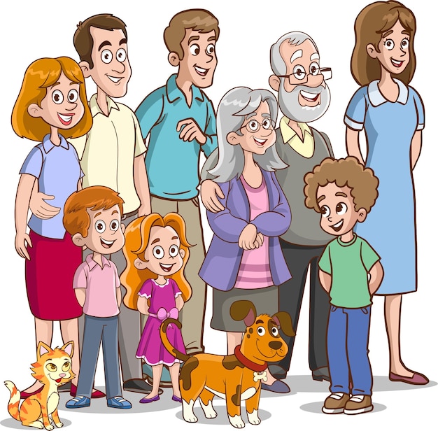 Vettore illustrazione vettoriale di una grande famiglia felice personaggi in piedi insieme sorridendo