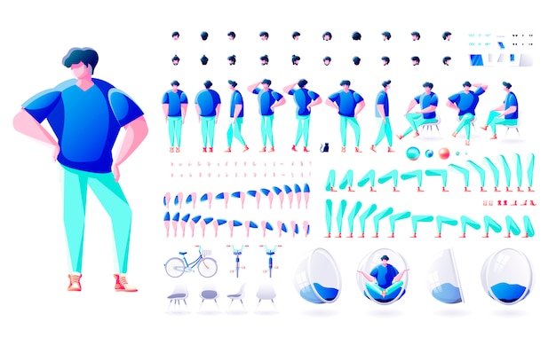 Вектор Векторная иллюстрация большой набор коллекции набор изолированных конструктор современный стиль элемент тела характер человек мужчина поза жесты вид спереди задние действия прически для движения дизайн анимация