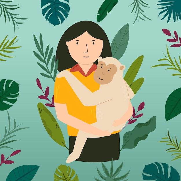 Vector illustration of a biologist keeping cute monkey in the hands. Portrait of a young girl and wild animal