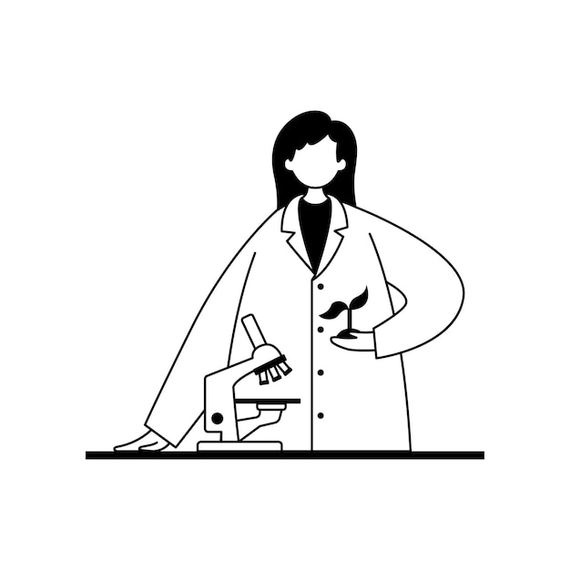 Vector illustration of a biologist in a white coat studying a plant under a microscope Professions Outline