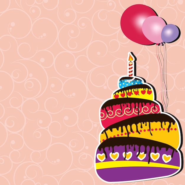 Vector illustration of birthday card with cake and balloons