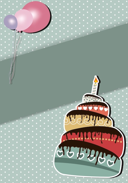 Vector vector illustration of birthday card with cake and balloons