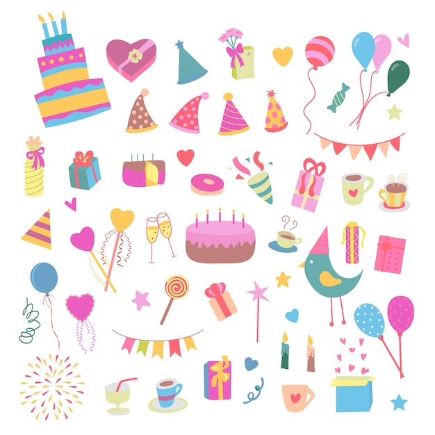 Vector vector illustration birthday party colorful accessories and decoration sweet treats cakes balloons candies gifts in flat cartoon style