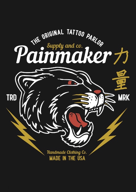 Vector l'illustrazione della testa nera del puma nello stile grafico del tatuaggio d'annata. le parole kanji giapponesi significano forza