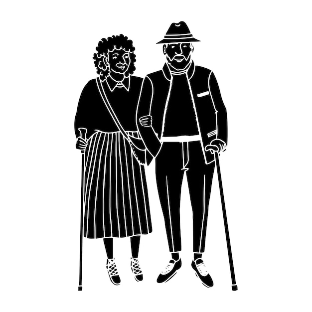 Vector illustration of black silhouette old people walking, isolated on white background