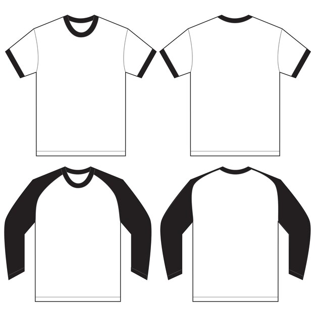 Vector vector illustration of black and white long and short sleeved ringer tshirt isolated front and back