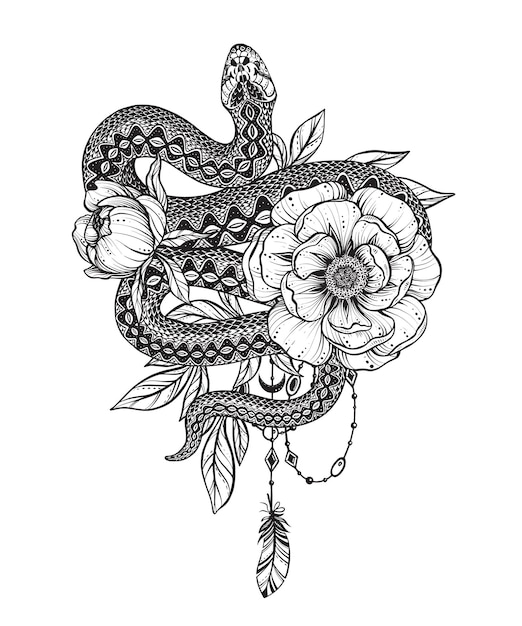 Vettore illustrazione vettoriale di piuma di fiori di peonia serpente bianco e nero isolata su sfondo bianco