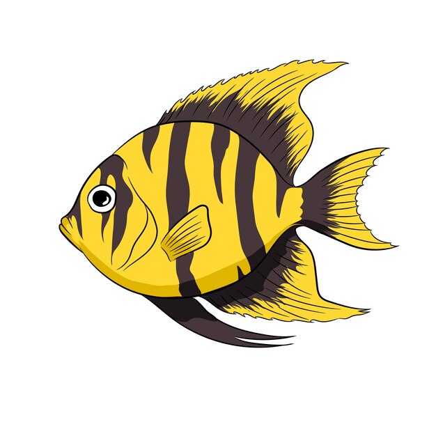 Vector illustration of black and yellow striped aquarium Fish.