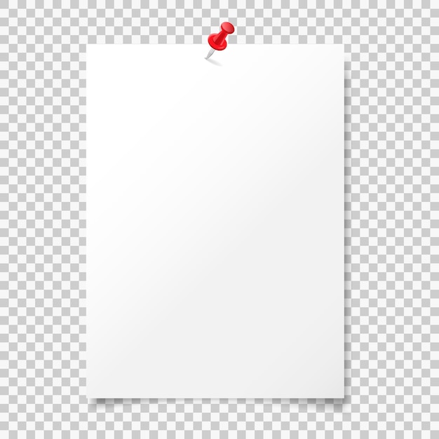 Vector illustration of a blank album sheet of paper attached to a red pushpin Isolated paper format A4 for notes for records