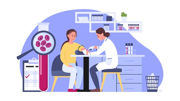 Векторная иллюстрация донорства крови Мультфильмная сцена с донорством крови девочкой для проверки на наличие заболеваний в лаборатории